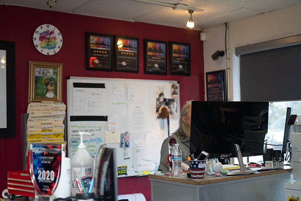 Front office at L-M Body Shop where estimates are written and insurance claims handled